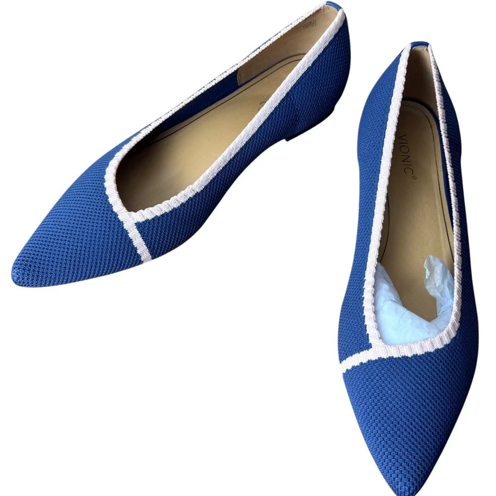 Vionic Dahlia Blue Knit Pointed Toe Flats Pink Trim Womens 11 Orthotic Comfort